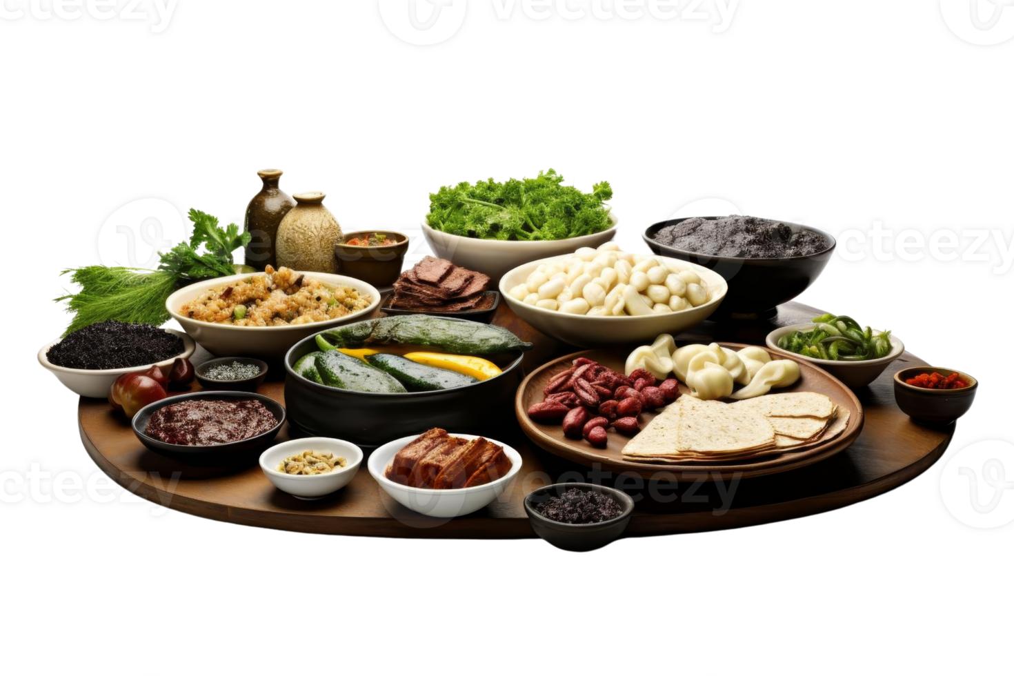A table full of food with a variety of dishes including beans, potatoes, and vegetables. The table is set for a meal and the food looks delicious png