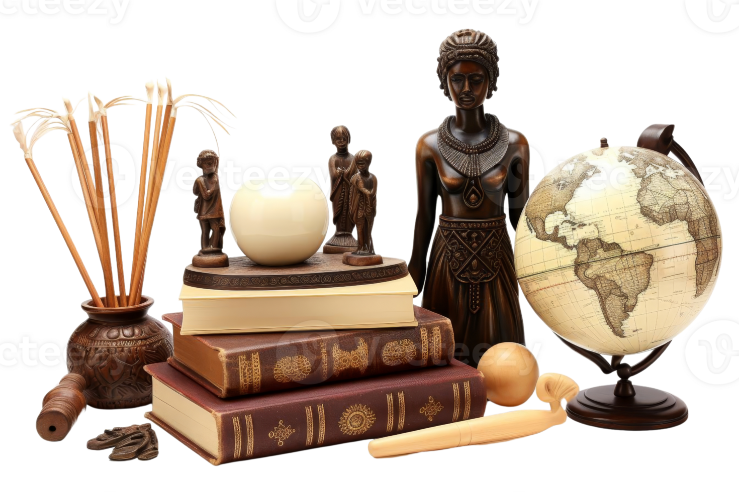 A collection of items including a globe, books, and a statue of a woman. Concept of curiosity and exploration, as the globe represents the vastness of the world and the books suggest a desire to learn png