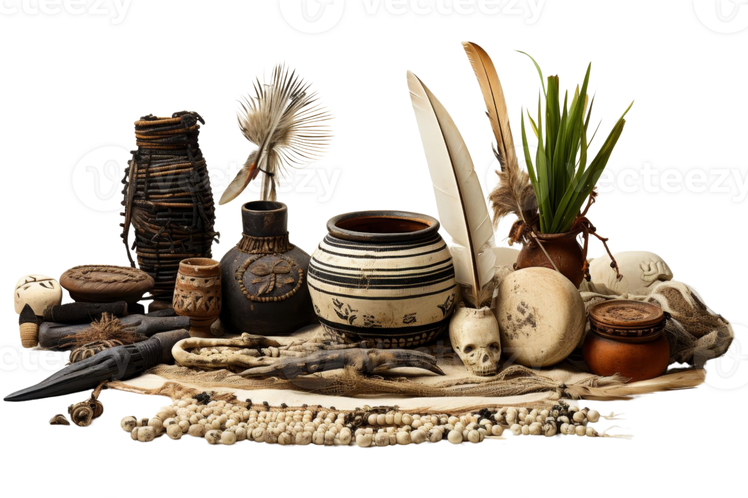 A collection of items including a vase, a skull, and a feather. The items are arranged on a table, creating a sense of mystery and intrigue png