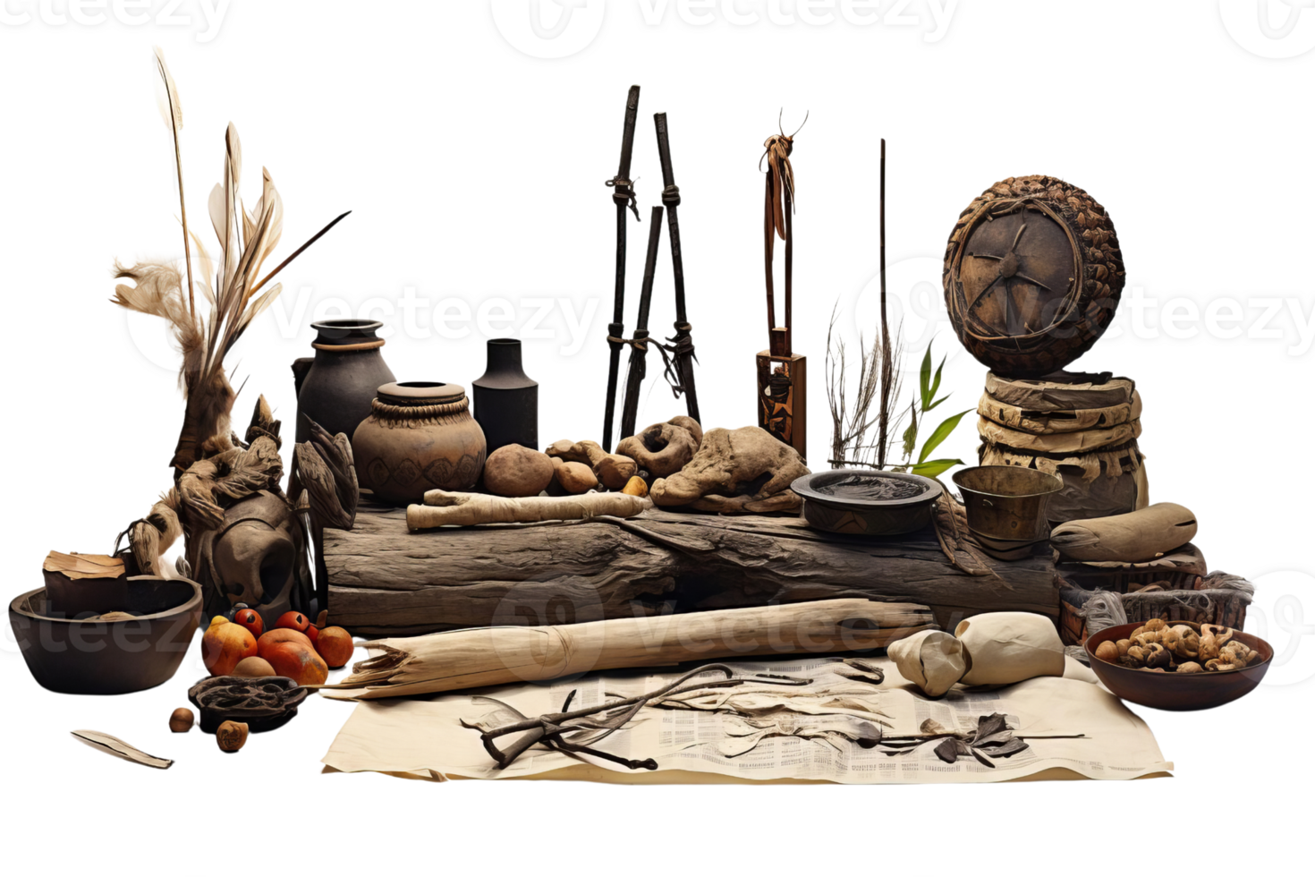 A table is covered with various items, including bowls, vases, and a clock. The scene appears to be a collection of different objects, possibly from different cultures or time periods png