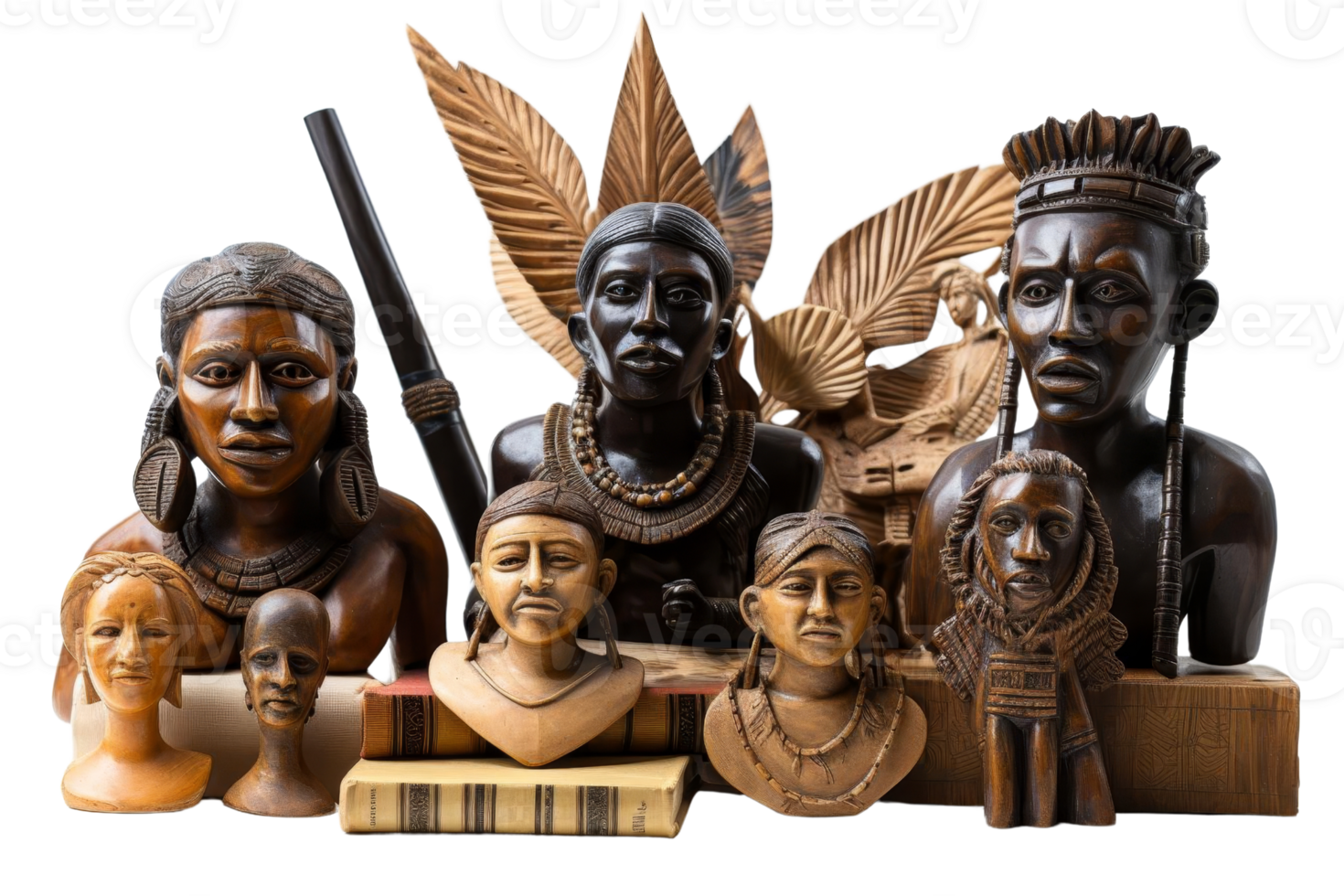 A collection of wooden sculptures of African men and women. The sculptures are arranged in a row, with some of them placed on top of a book. Scene is one of cultural appreciation png