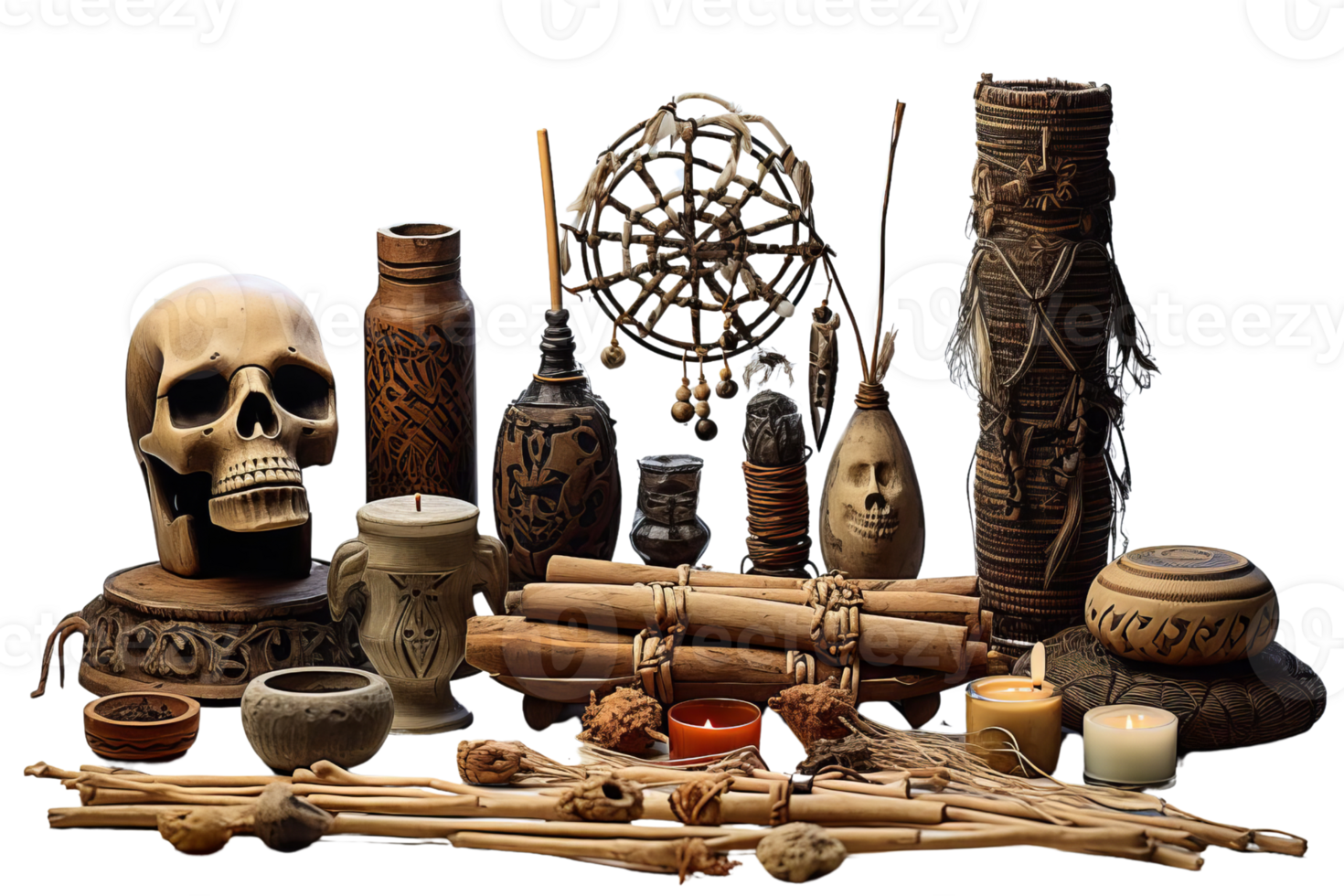 A collection of various items, including a skull, candles, and vases, arranged on a table. Scene is eerie and mysterious, with the skull png