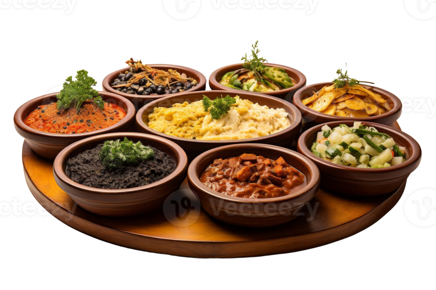 A wooden tray with a variety of food in different bowls. The bowls are arranged in a circle and the food is colorful and diverse. Scene is inviting and appetizing png