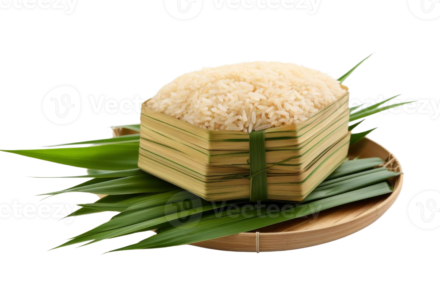 A bowl of rice is sitting on a wooden plate with green leaves on top. The rice is white and he is freshly cooked. The bowl and plate are arranged in a way that creates a sense of balance and harmony png