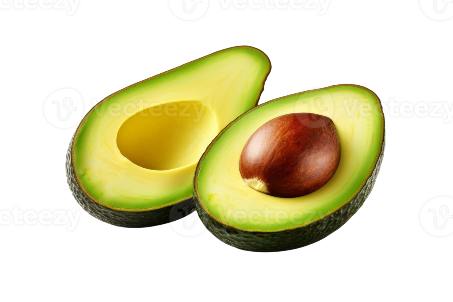 A green avocado with a brown seed in the middle. The avocado is cut in half, revealing the seed png