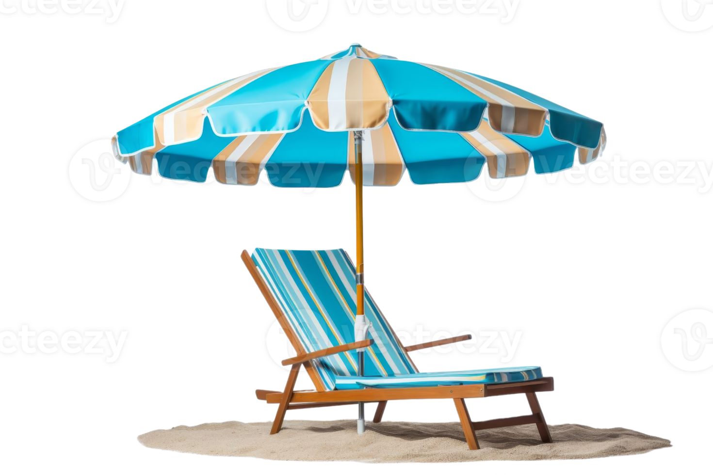 A blue and yellow striped beach umbrella is sitting on the sand next to a lounge chair. The umbrella is open and provides shade for the chair. The scene conveys a relaxed and leisurely atmosphere png