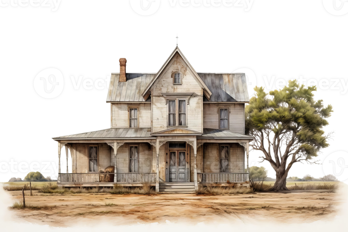 A large, old house with a porch and a tree in front of it. The house is old and run down, with a lot of rust and peeling paint. Scene is somewhat melancholic and nostalgic png