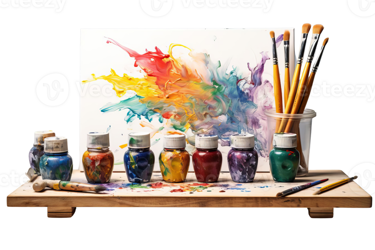 A painting with a splash of color and a wooden board with a variety of paint bottles and brushes png