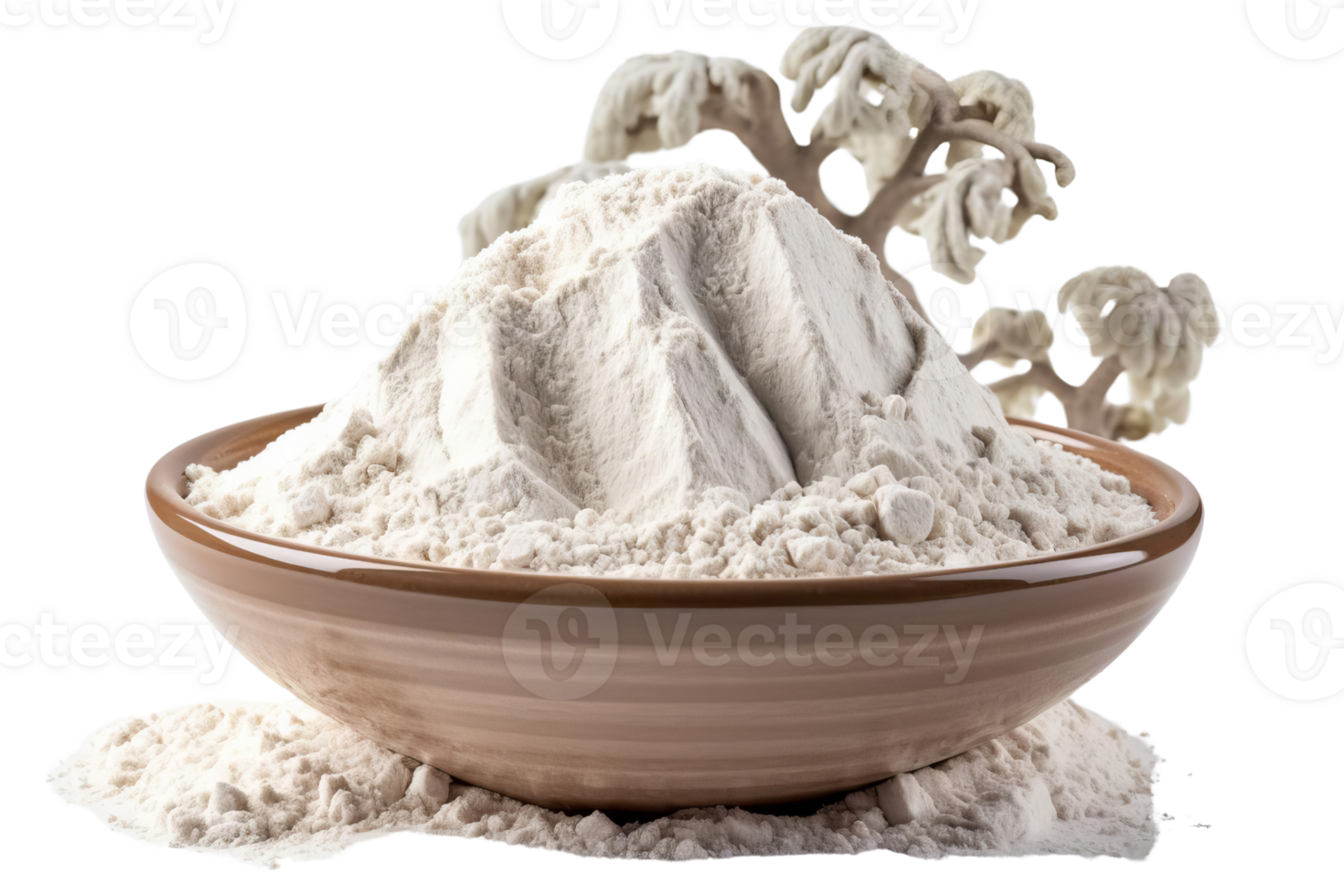 A bowl of white powder with a tree in the background png