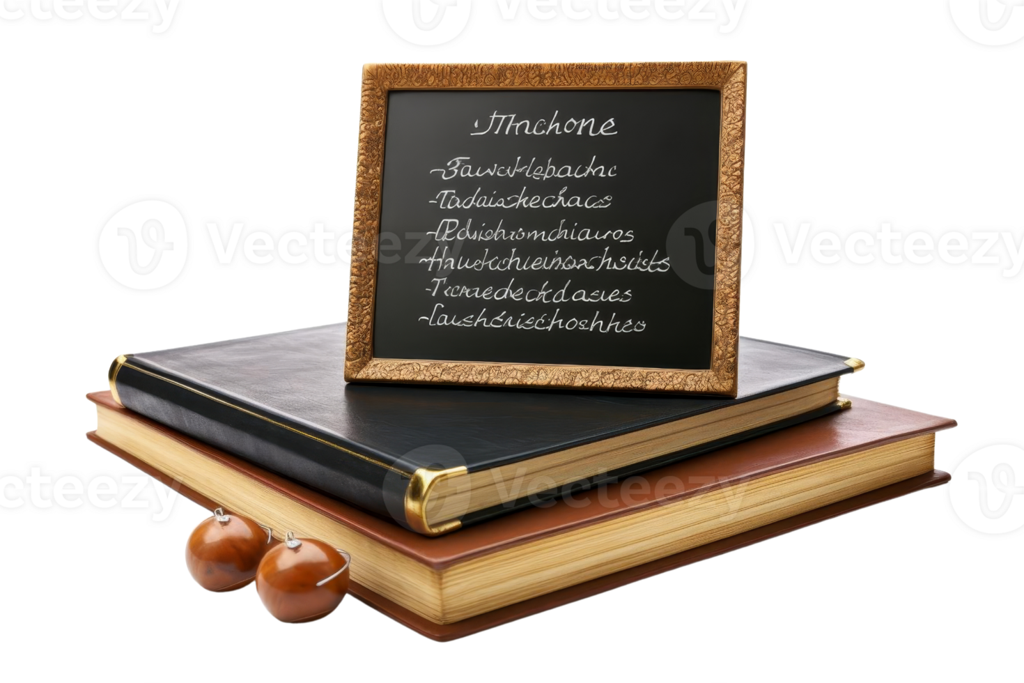 A blackboard with the word Machonee written on it. The blackboard is on top of a stack of books png