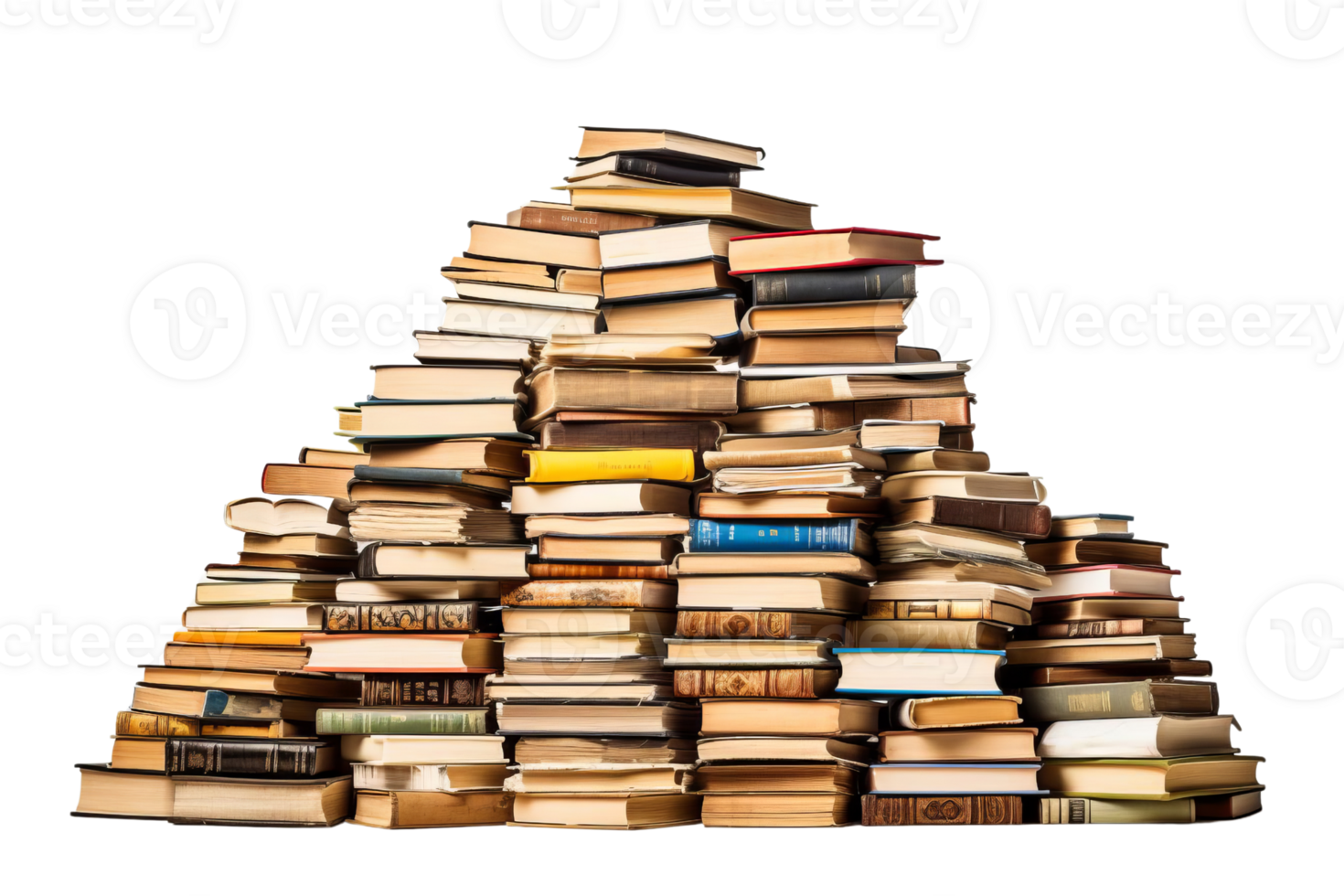 A pile of books is stacked on top of each other. The books are of various sizes and colors, and they appear to be old and worn. The pile is so high that it almost reaches the top of the image png