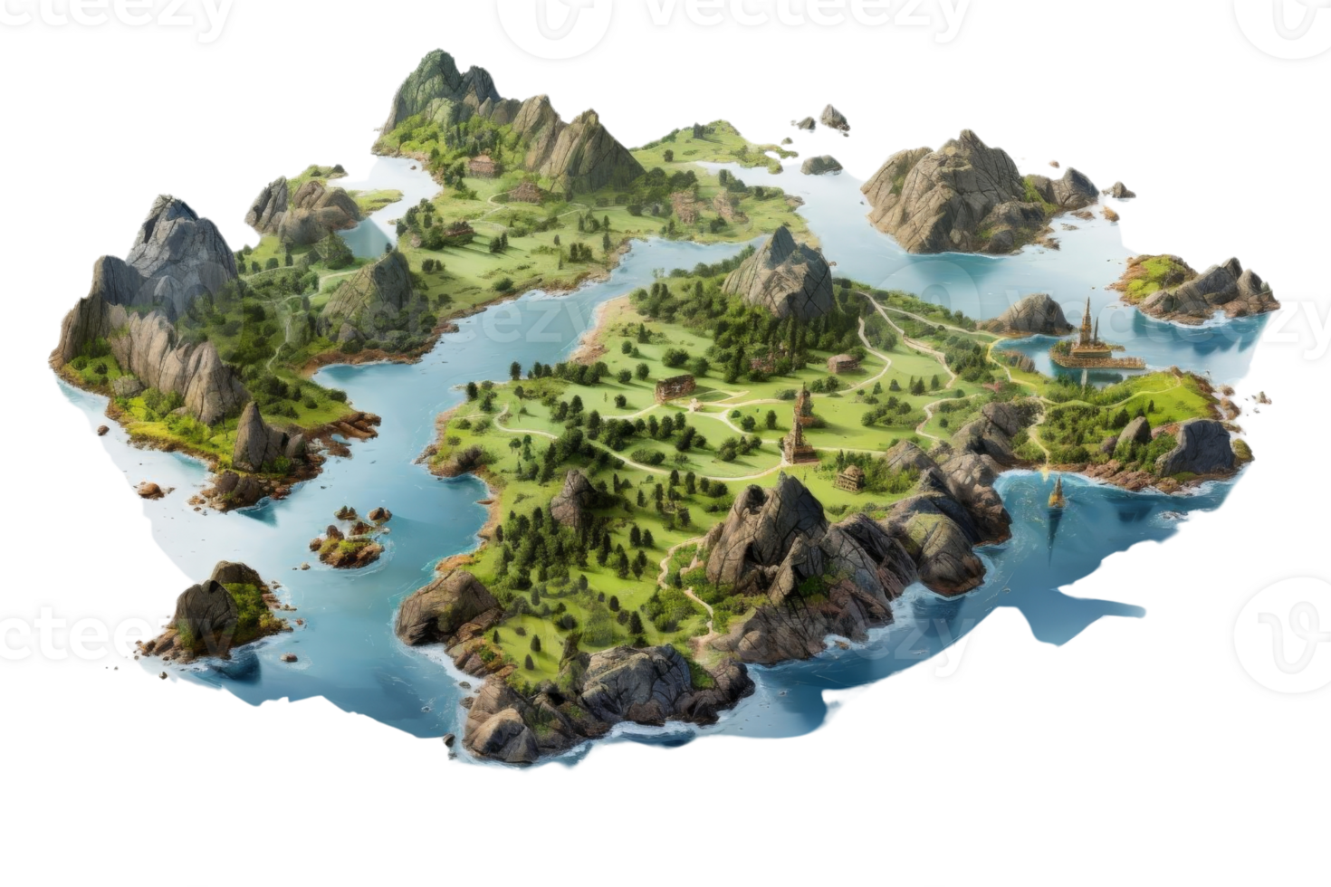 A large island with a lot of water and mountains png