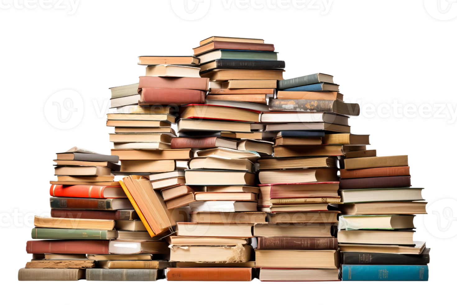 A pile of books is stacked on top of each other. The books are of various sizes and colors, and they appear to be old and worn. The pile is so high that it almost reaches the ceiling png