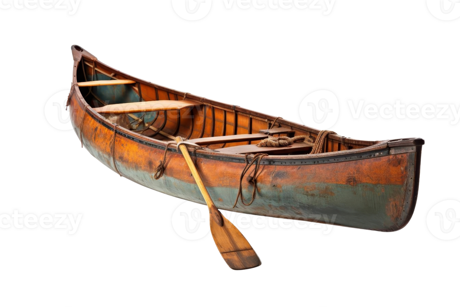 A wooden canoe with a paddle on it. The canoe is old and has a blue and green color png