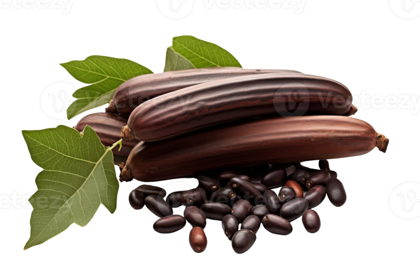 A bunch of green leaves and a bunch of brown beans. The beans are in a pile and the leaves are on top of them png