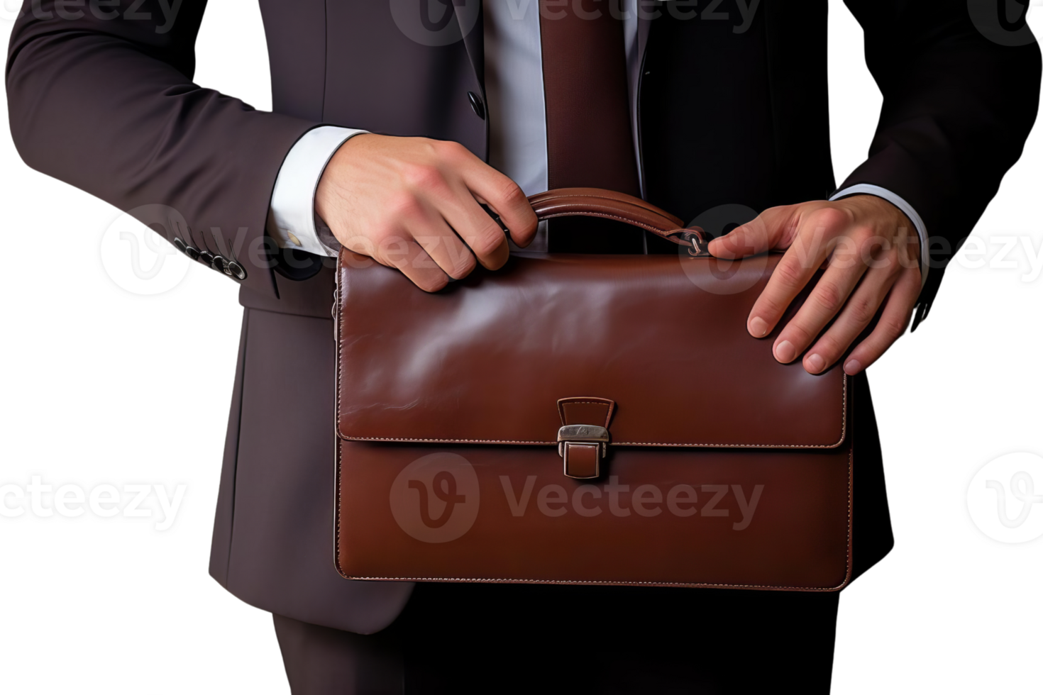A man is holding a brown briefcase. The man is dressed in a suit and tie. The briefcase is brown and has a leather handle png
