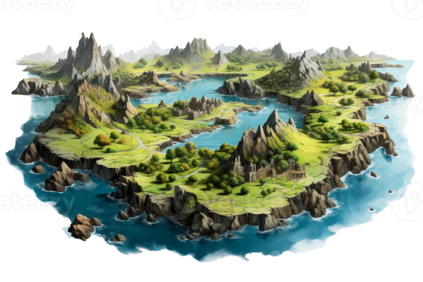 A beautiful landscape with mountains, hills, and a river. The mountains are covered in trees and the river is surrounded by rocks. The scene is peaceful and serene, with a sense of calmness png