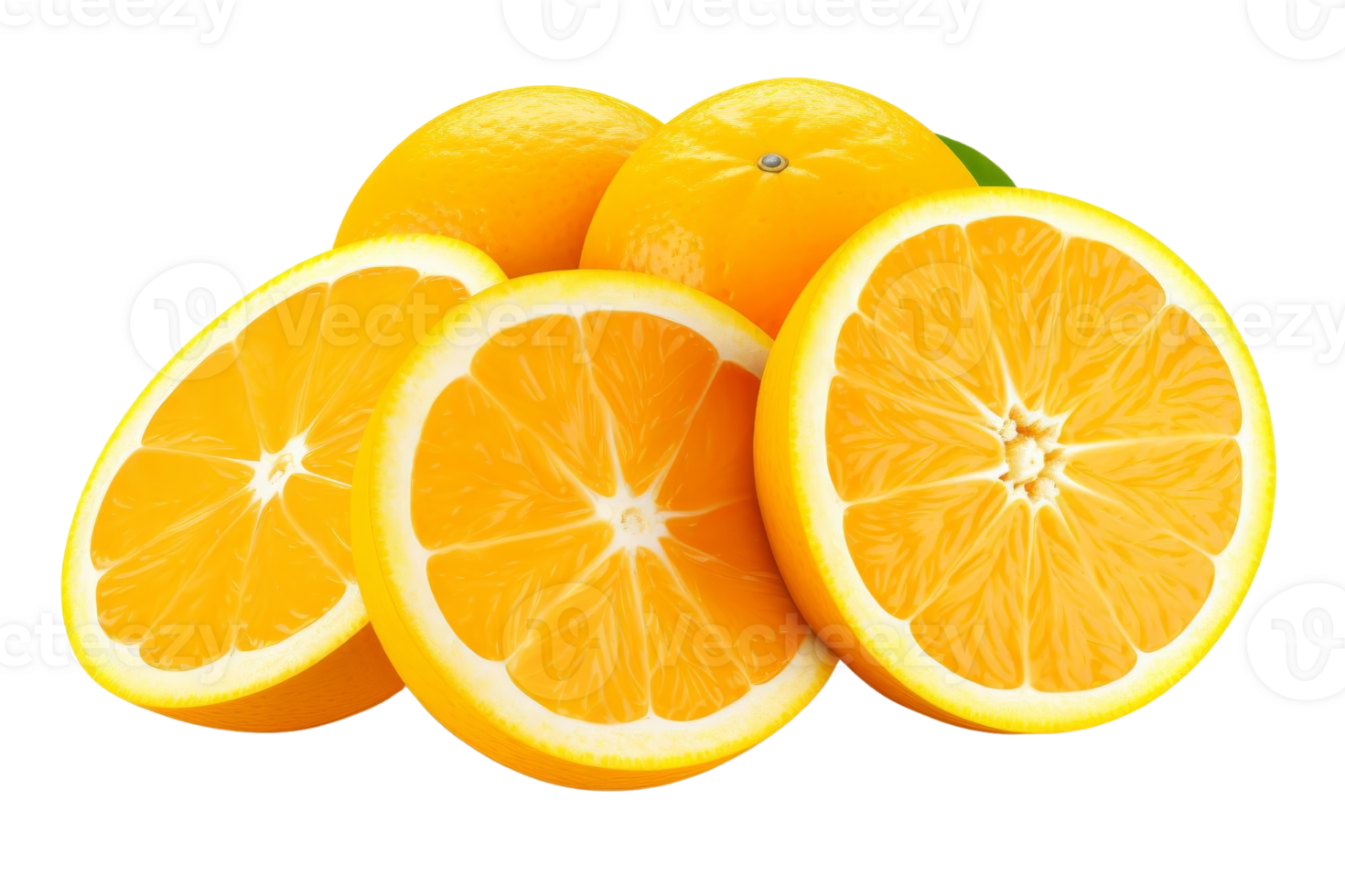 A pile of oranges with one cut open. The oranges are sliced and arranged in a way that they look like they are ready to be eaten png