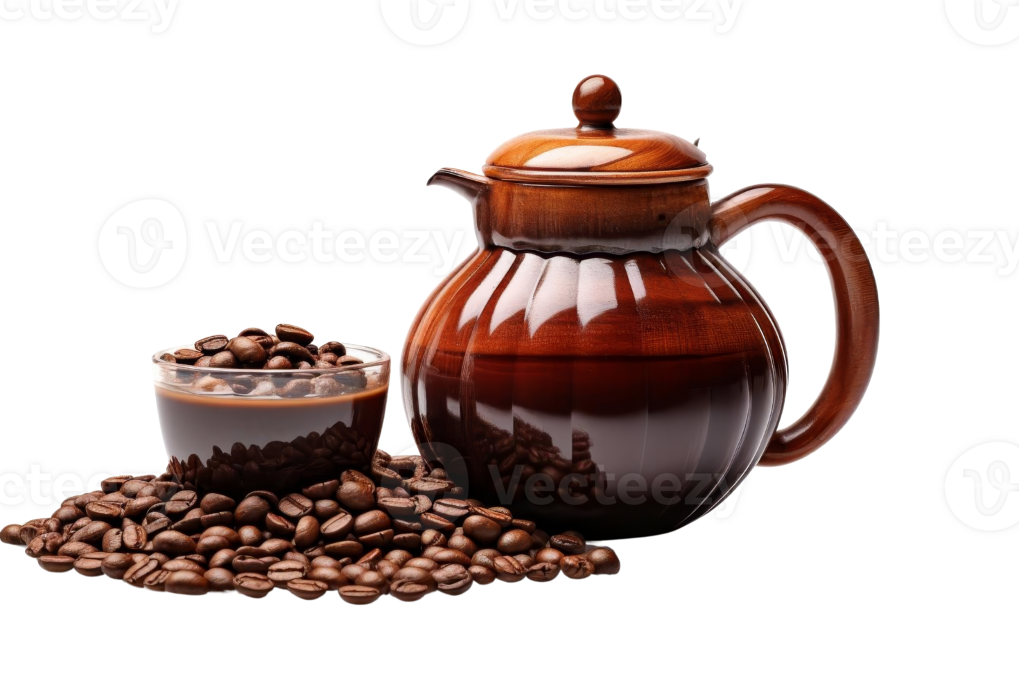 A coffee pot with a brown lid and a bowl of coffee beans next to it png