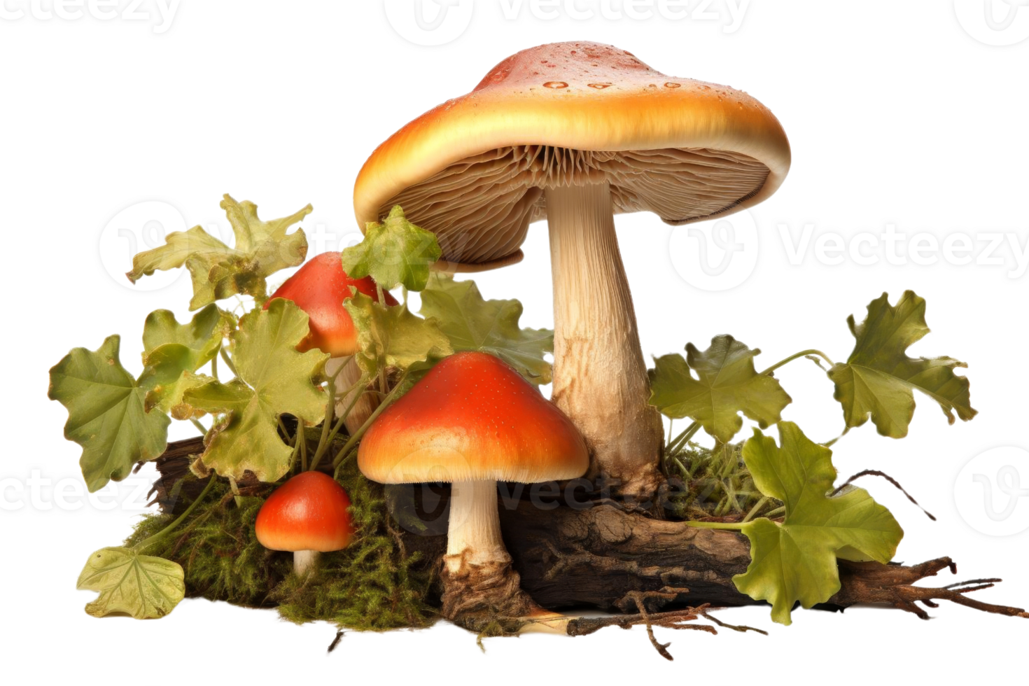 Three mushrooms are on a log with green leaves. The mushrooms are red and yellow png