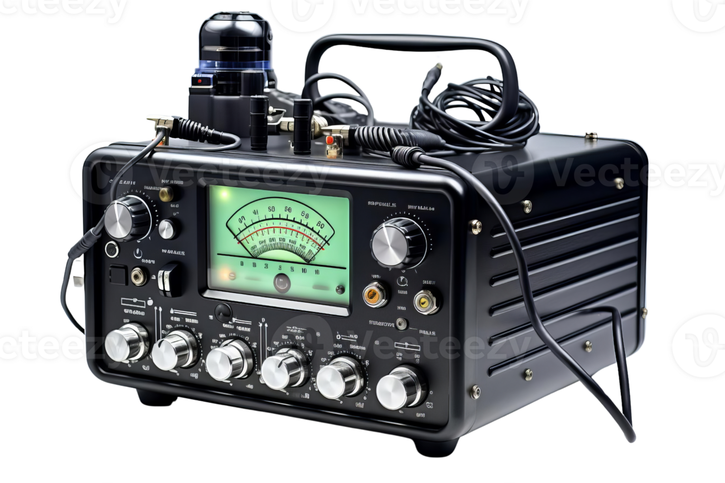 A black electronic device with a green screen and a black handle. The device is plugged into a power source png