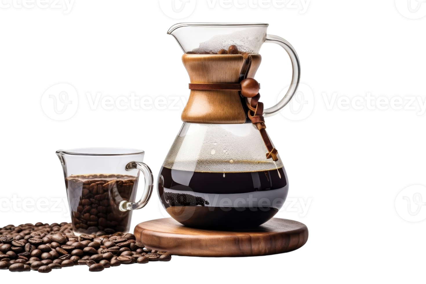 A glass coffee pot with a wooden handle sits on a wooden tray with a pile of coffee beans png