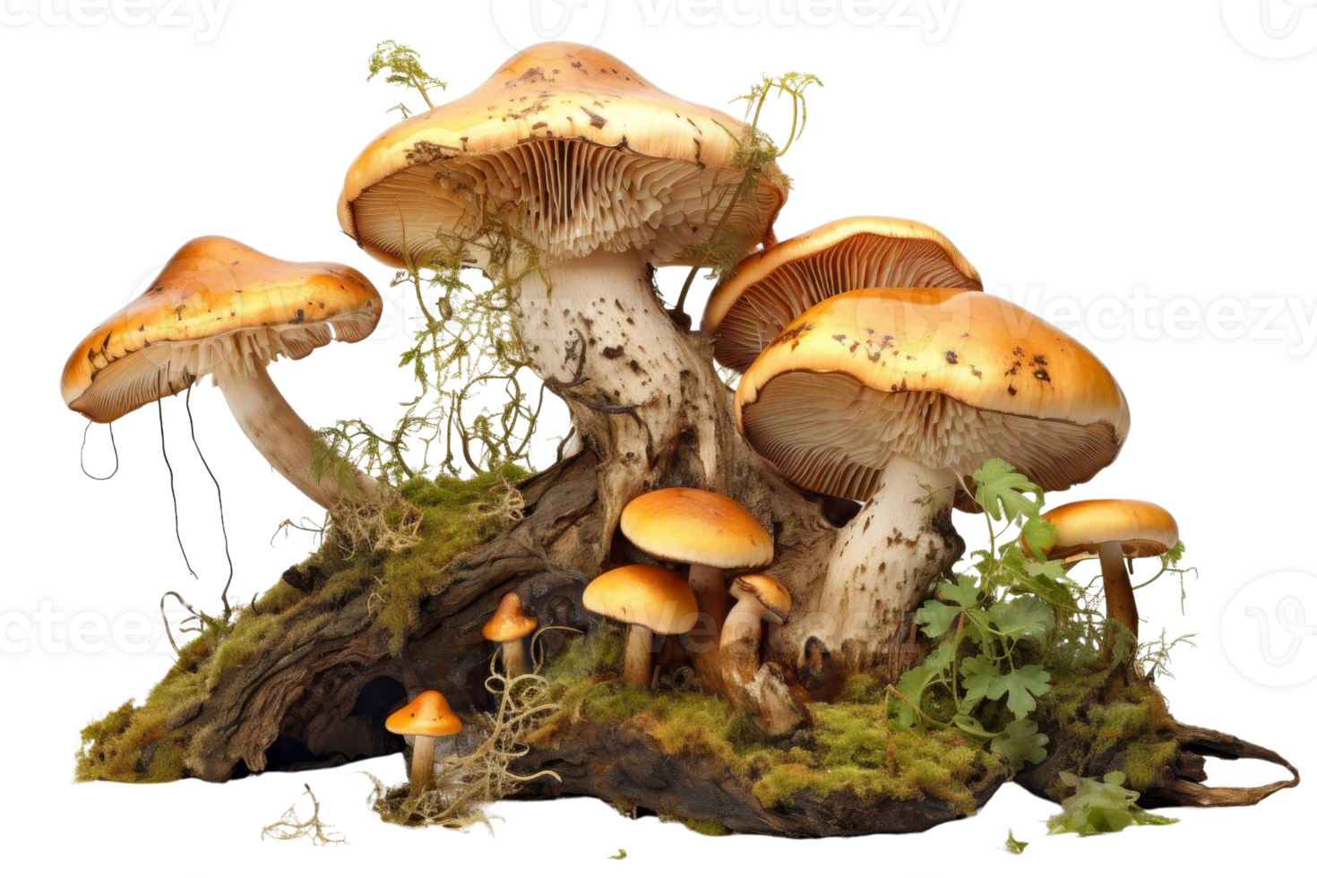 A group of mushrooms are growing on a log. The mushrooms are of different sizes and colors, with some being larger and others smaller. The scene has a natural and earthy feel png