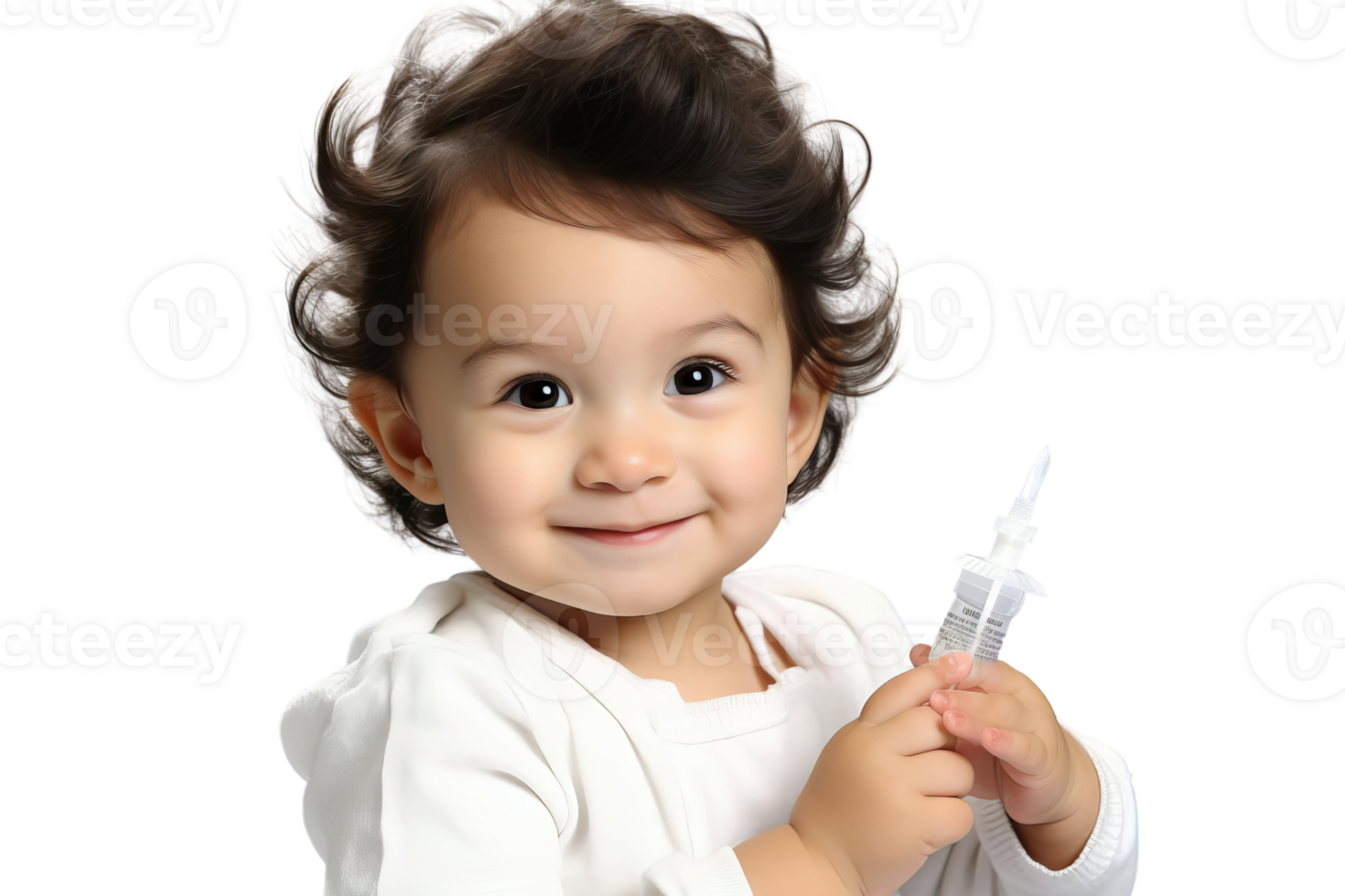A baby holding a syringe with a smile on his face. The baby is holding the syringe in his hand, and it appears that he is holding it for a medical procedure. Concept of innocence and trust png