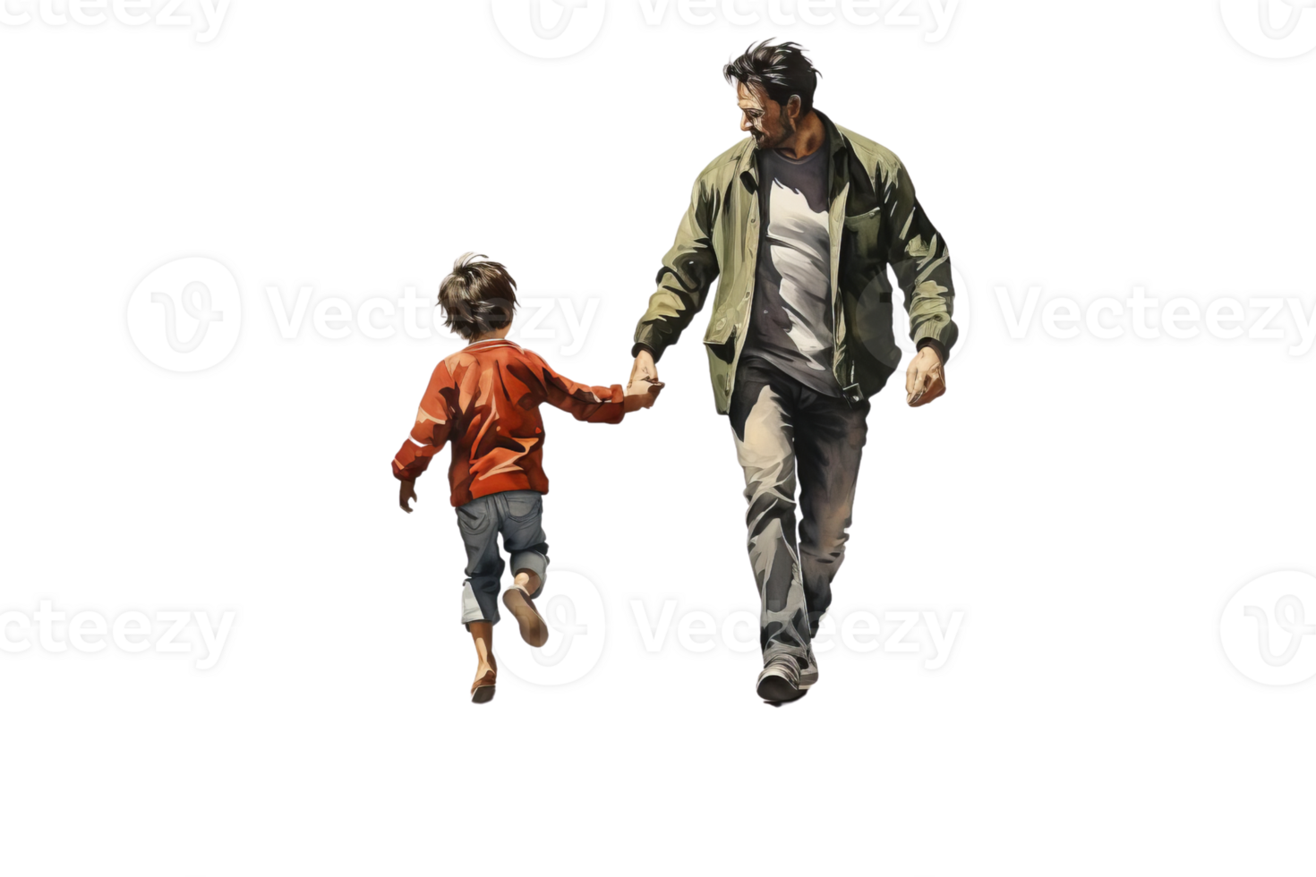 A man and a child are running together. The man is holding the child's hand. Scene is happy and playful png