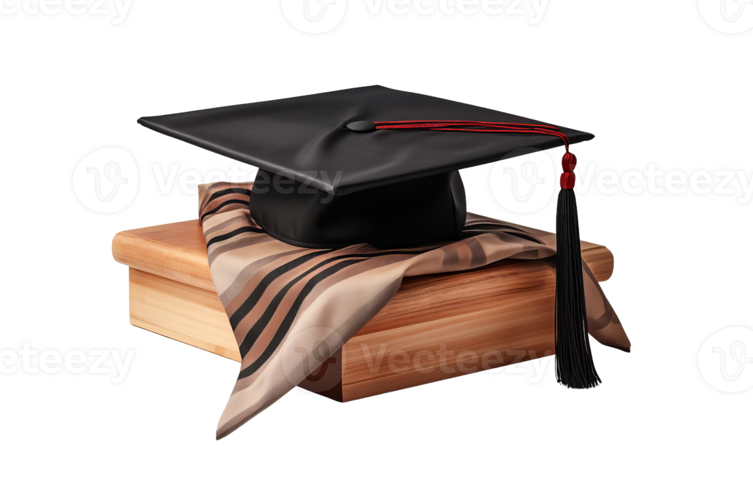 A black graduation cap sits on top of a wooden surface. The cap is adorned with a red ribbon and a black tassel. Concept of accomplishment and achievement png