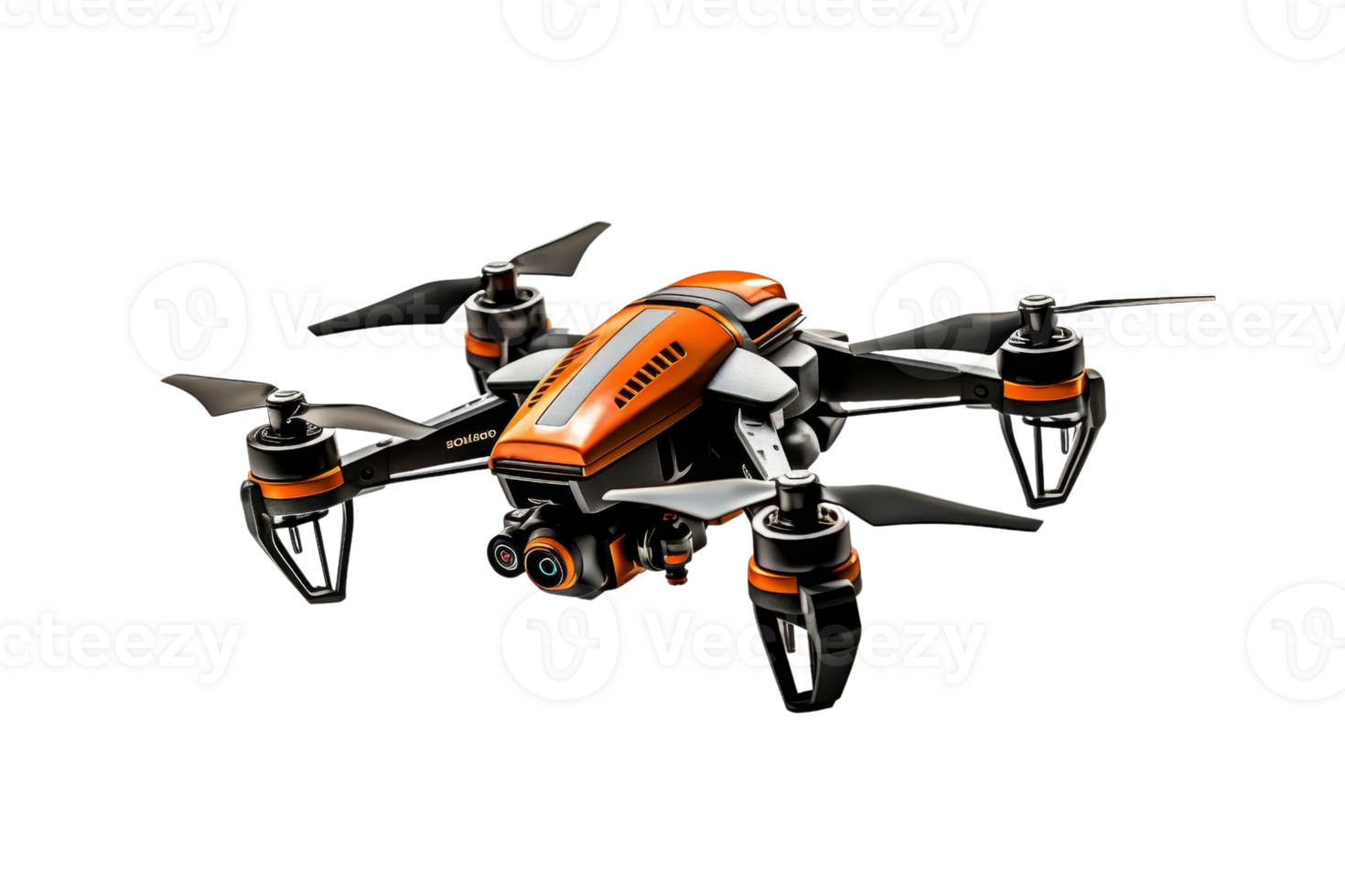 High-tech quadcopter drone with orange accents, perfect for aerial photography, videography, and tech presentations. png