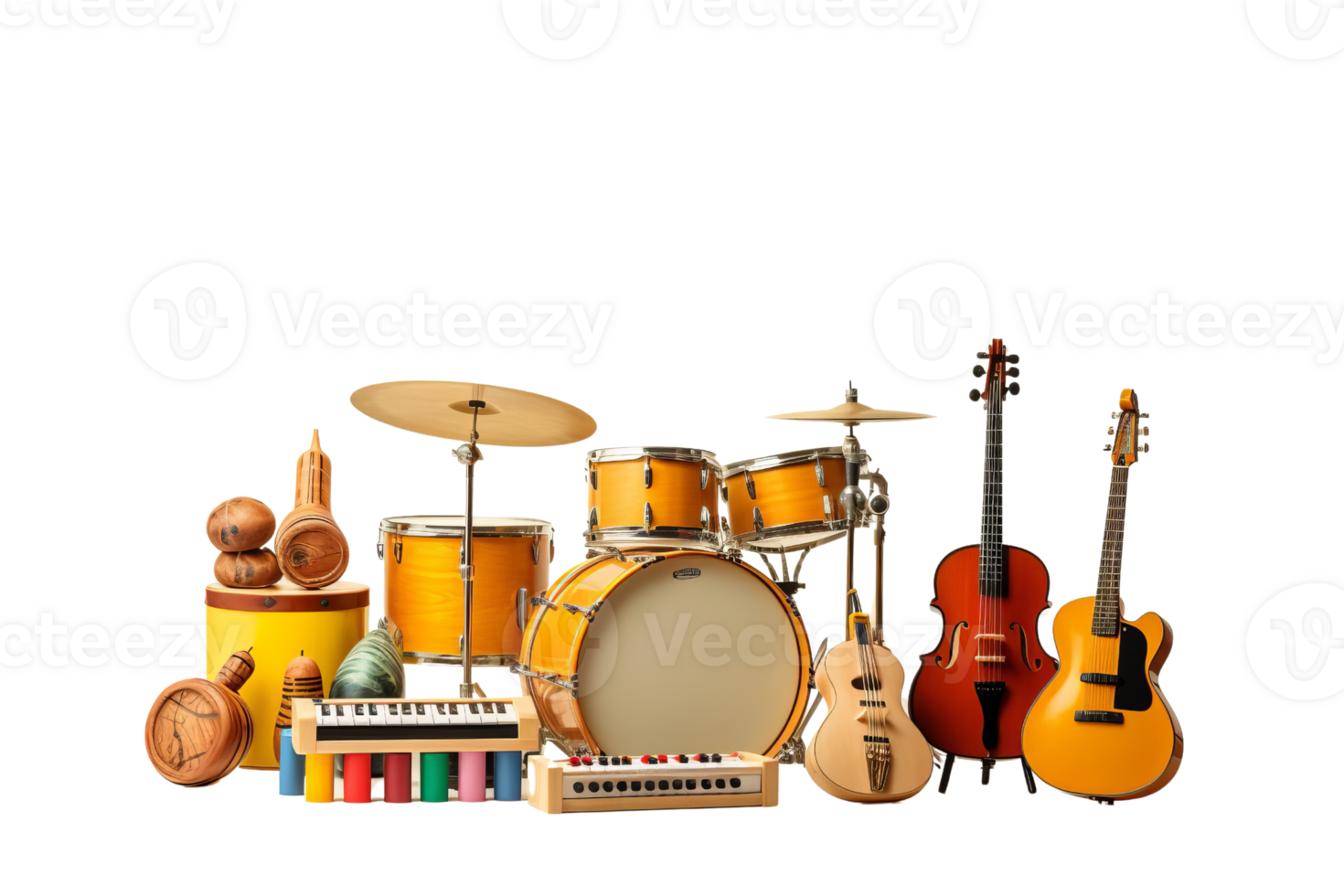A collection of musical instruments including a drum, a guitar, and a keyboard. The instruments are arranged in a row, with the keyboard and guitar on the left side and the drum on the right png