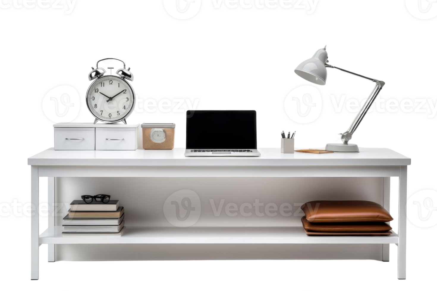 A white desk with a laptop, clock, and lamp. The desk is cluttered with books and other items png