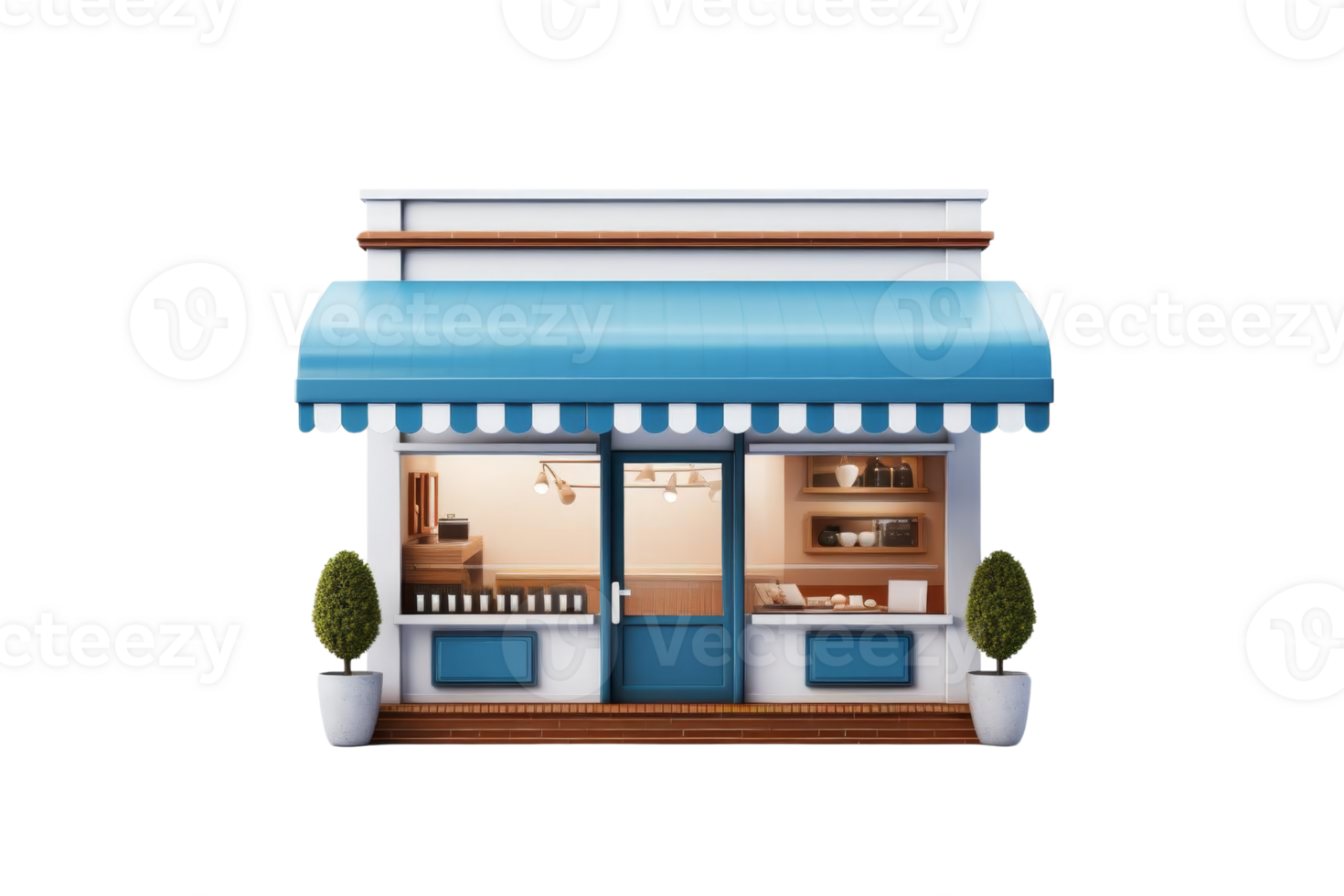 A blue and white store front with a blue awning. The store is open and has a window display png