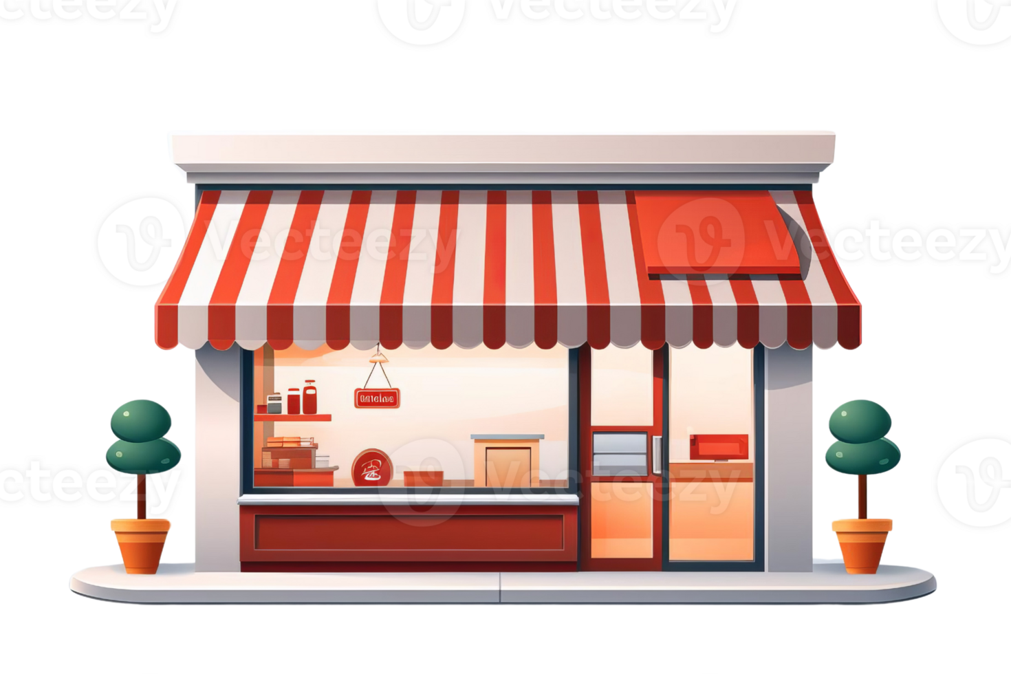 Illustration of a small shop with a striped awning, large window display, and potted plants on either side of the entrance. png