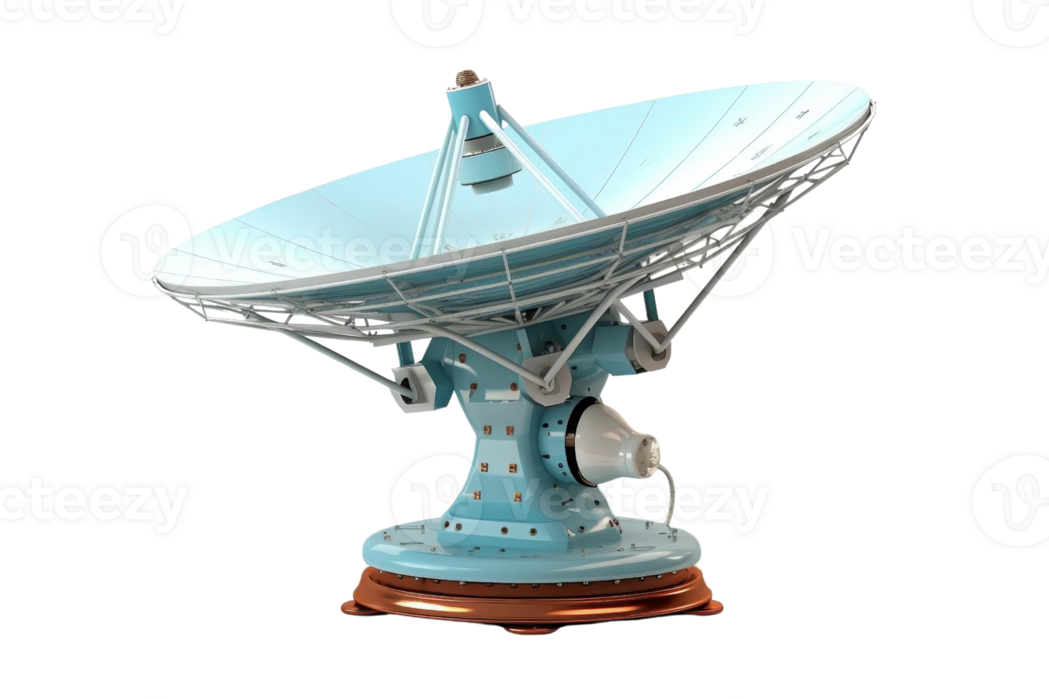 A blue satellite dish is sitting on a wooden base. The dish is large and has a white rim png