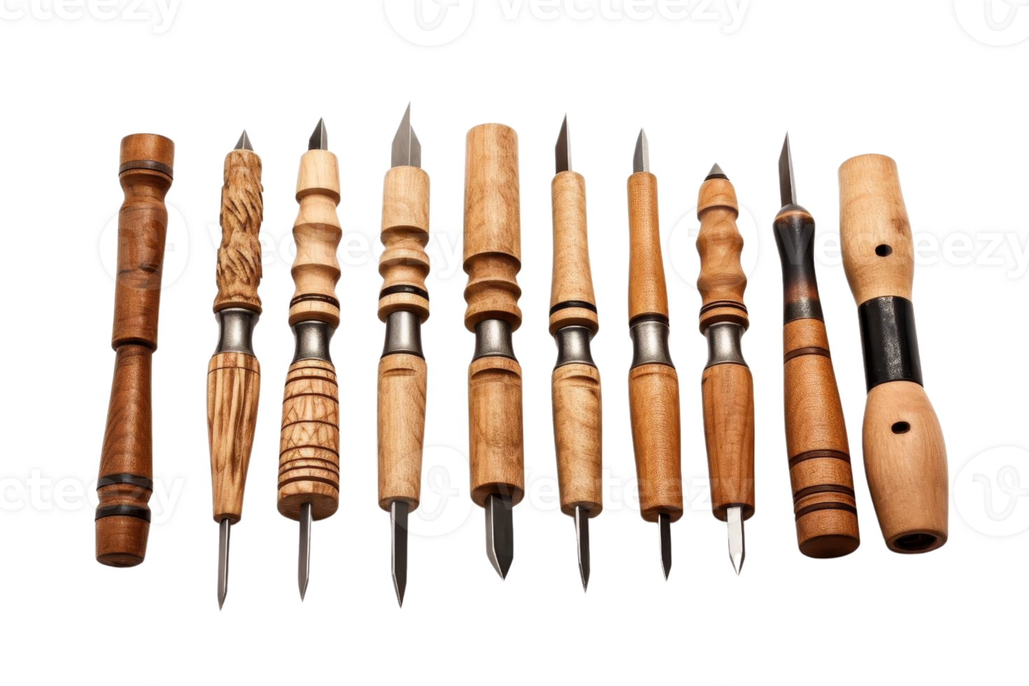 A collection of wooden tools with various shapes and sizes. The tools are arranged in a row, with some being longer and others shorter. Scene is one of craftsmanship and creativity png