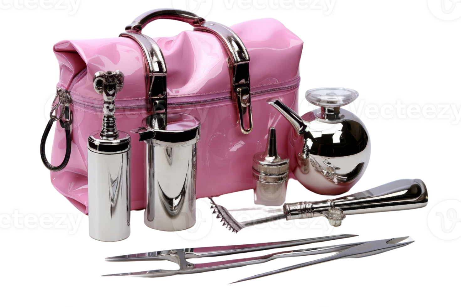 A pink purse with a silver handle and a silver ball inside. The purse contains a variety of items, including a bottle, a cup, a spoon, a fork, a knife, and a pair of scissors png