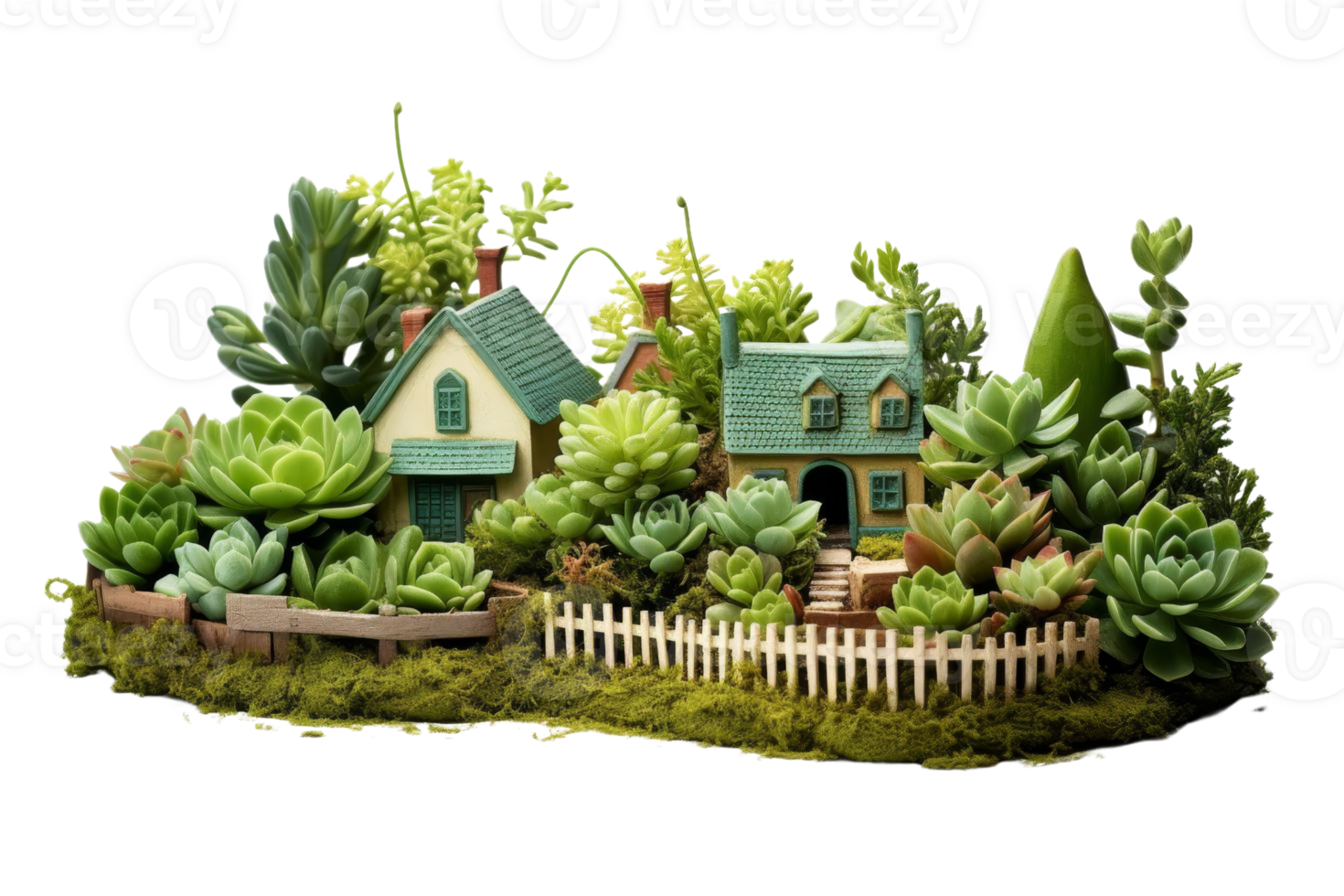 A garden with a house and a fence. The garden is full of plants and flowers png