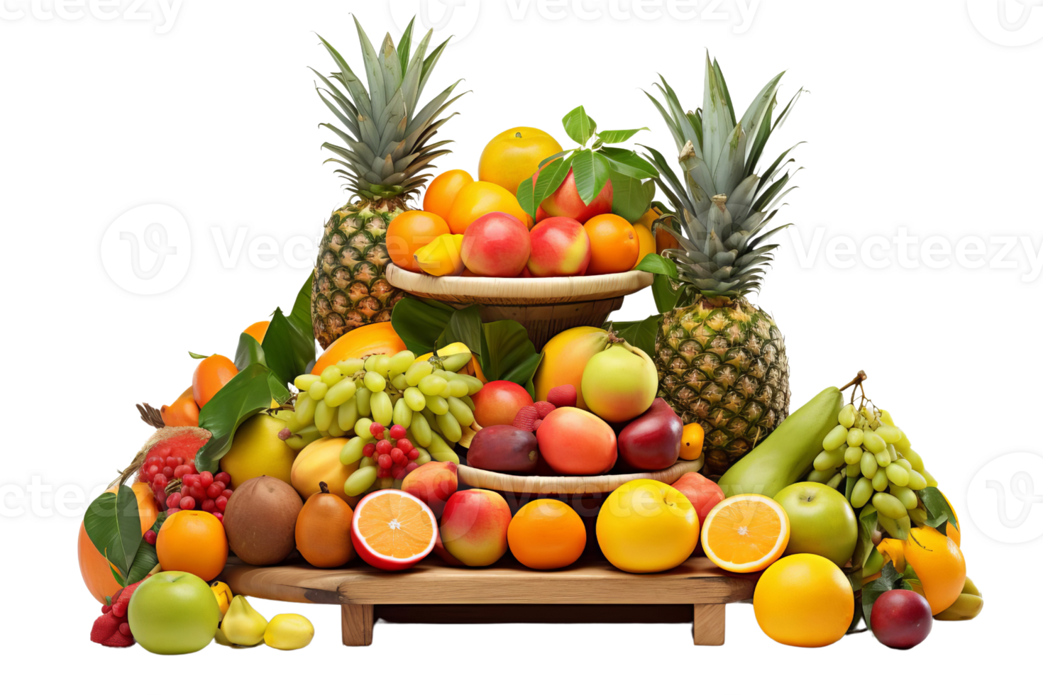 A fruit display with a variety of fruits including apples, oranges, and bananas. The display is arranged on a wooden tray and is very colorful png