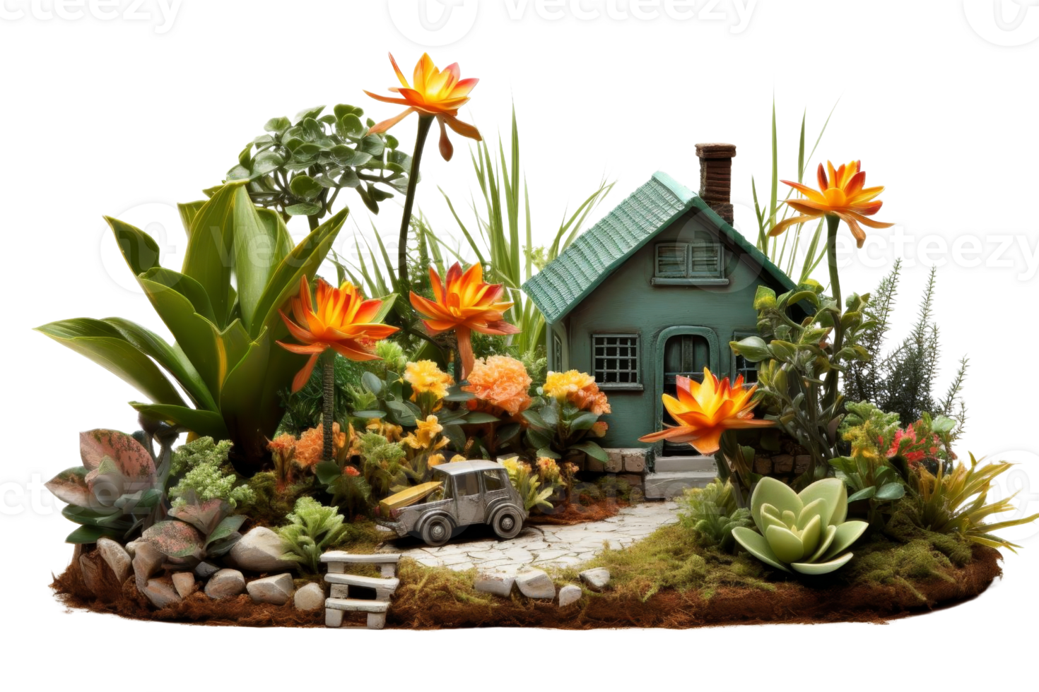 A small house with a green roof and a car in front of it. The house is surrounded by plants and flowers, giving it a peaceful and serene atmosphere png