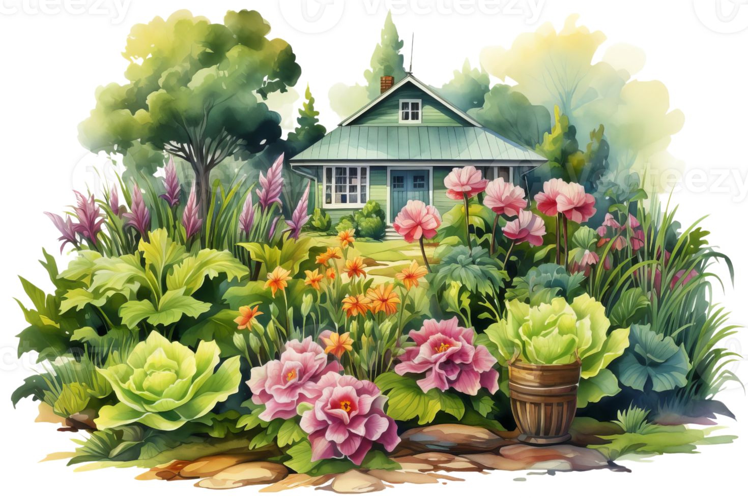 A house with a garden in front of it. The garden is full of flowers and plants, including a potted plant. The house is green and has a blue door png