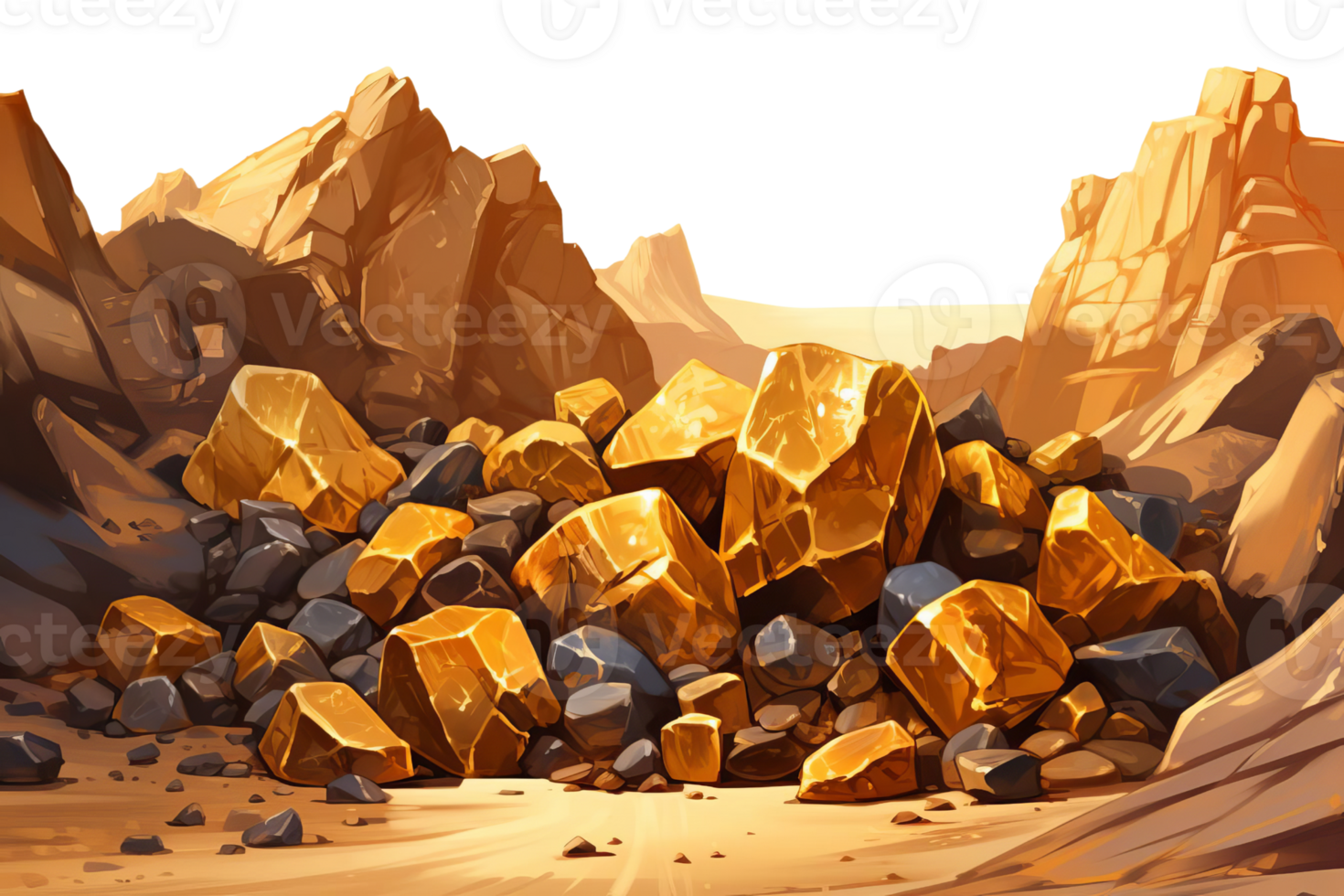 A mountain range with a large pile of rocks in the foreground. The rocks are mostly brown and black, with some gold pieces mixed in. The scene has a rugged, wild, and untamed feel to it png