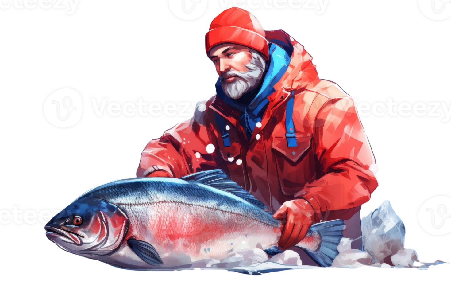 A man in a red jacket holding a large fish. The man is likely a fisherman who has just caught the fish png