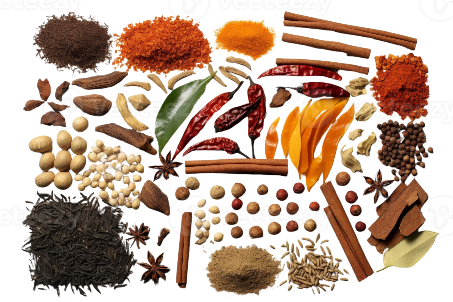 A colorful assortment of various spices and herbs laid out in an organized and artistic arrangement against a transparent background. png