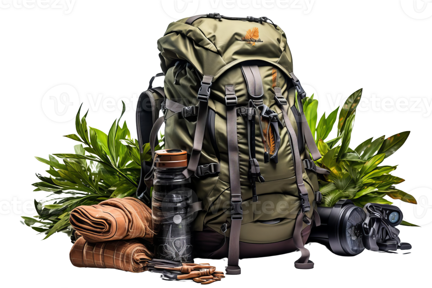 Adventure backpack with camping gear, including water bottle, rolled blanket, and camera, set against a lush green foliage background. png