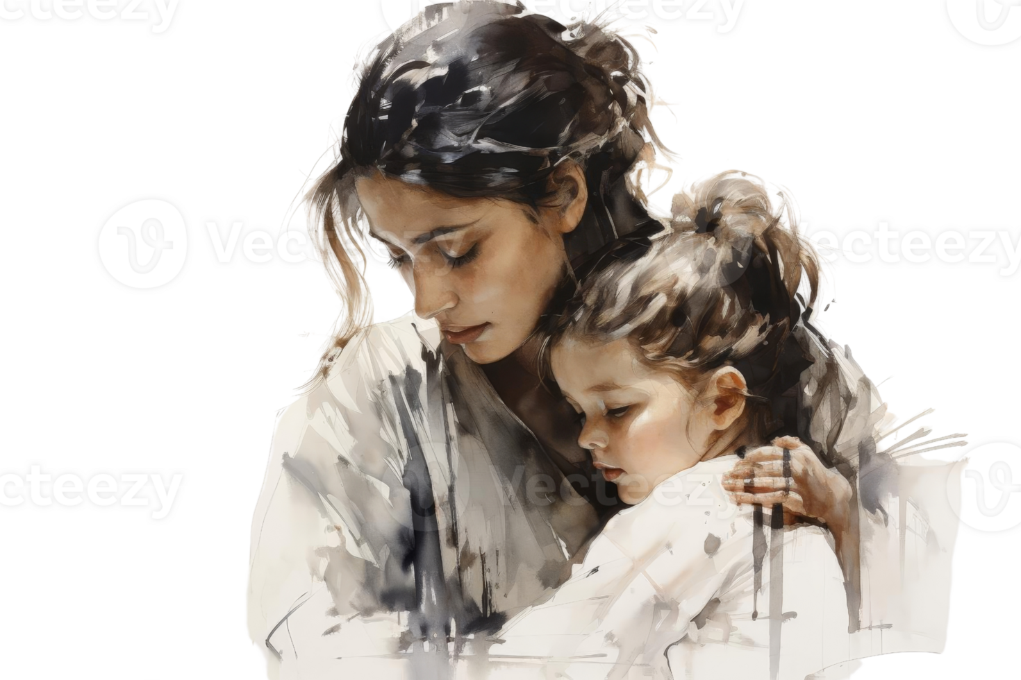 A woman is holding a small child. The woman is wearing a white robe. The child is wrapped in a blanket png