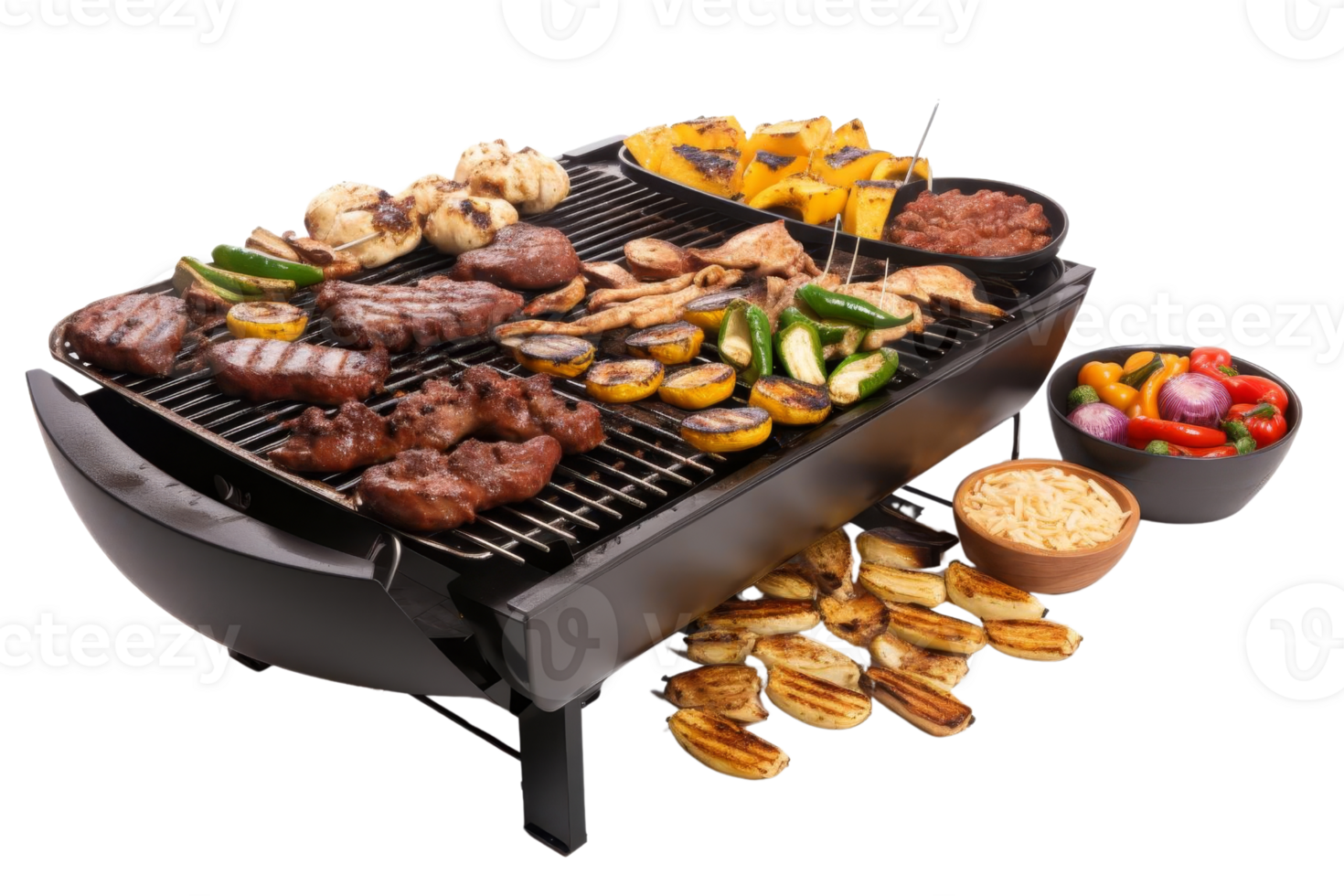 Assorted grilled meats and vegetables on a barbecue grill with side dishes on a transparent background. showcasing a delicious outdoor meal. png