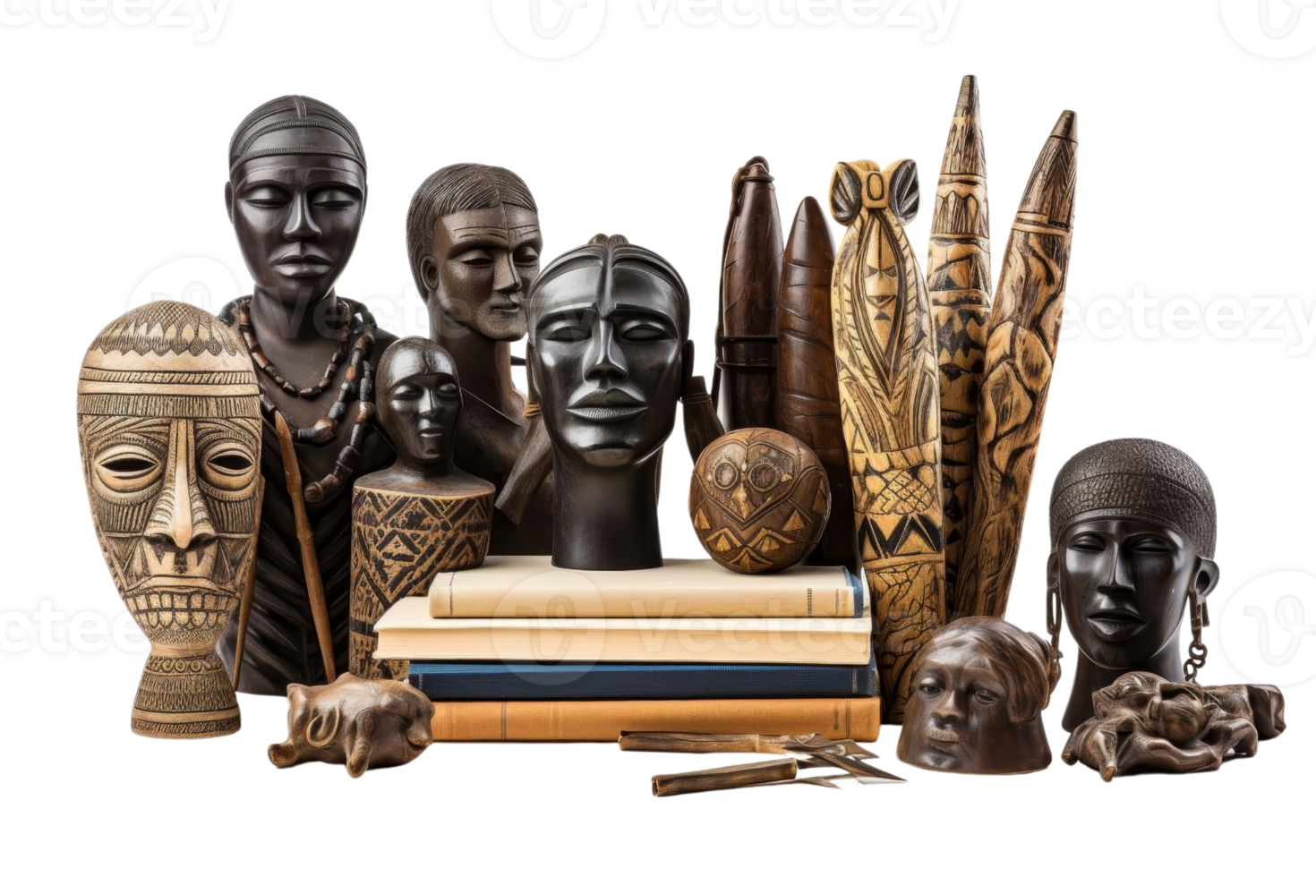 An assortment of intricately carved wooden African sculptures arranged together, reflecting rich cultural heritage and artistic craftsmanship. png