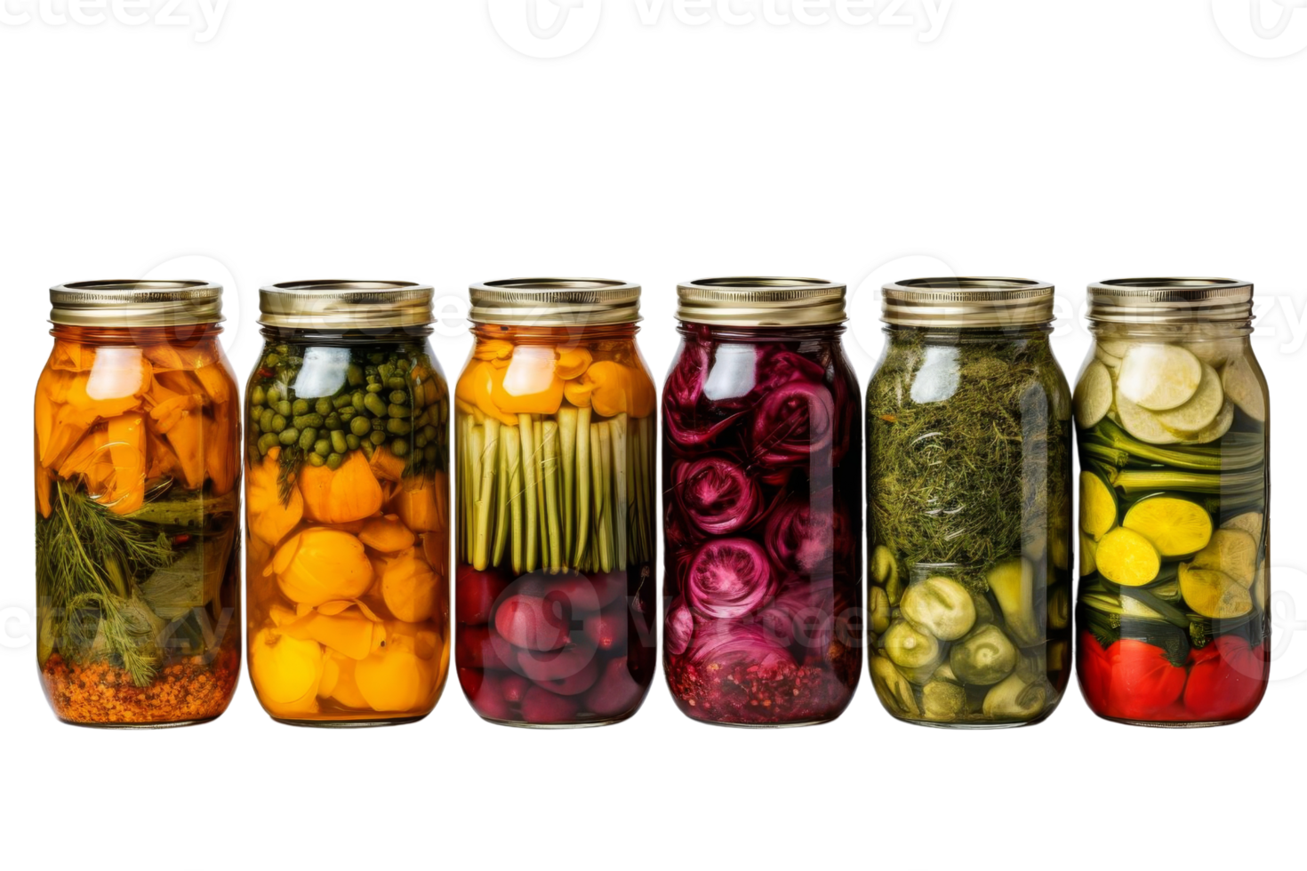 A row of six glass jars filled with various pickled vegetables. The jars are lined up next to each other, with some containing pickled carrots, others pickled cucumbers, and a few pickled onions png